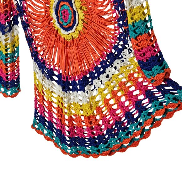 Crochet Bohemian Rainbow Tunic Round Mandala Design 3/4 Sleeves Grandmacore S - Picture 3 of 9